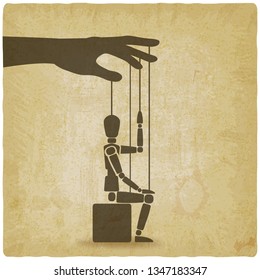 sitting puppet with his hand up vintage background