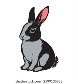 Sitting Rabbit with Black, Gray, and Pink Accents on White Background