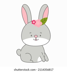 Sitting rabbit with flowers wreath  vector illustration Cute animal in flat style. Pastel pink and grey colors. Hare kids childish design. Nursery  illustration for babies. Wildlife animal character.
