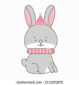 Sitting rabbit with hat and scarf vector illustration Cute animal in flat style Pastel pink and grey colors. Hare kids childish design Nursery  illustration for babies Wildlife animal character
