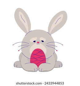 A sitting rabbit with a pink egg for Easter Day. Flat vector illustration. 