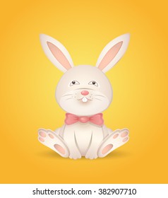 Sitting rabbit with a red bow on a yellow background. Vector illustration.