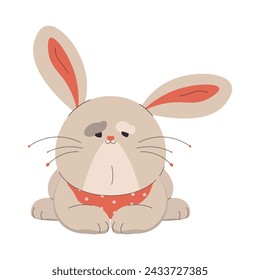 Sitting rabbit in a red handkerchief with polka dots for Easter Day. Flat vector illustration. 
