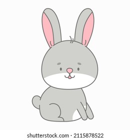 Sitting rabbit vector illustration. Cute animal in flat style. Pastel pink and grey colors. Hare kids childish design. Nursery funny bunny illustration for babies. Wildlife animal character.
