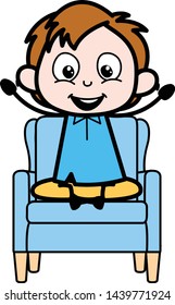 Sitting and Raising Hands - School Boy Cartoon Character Vector Illustration