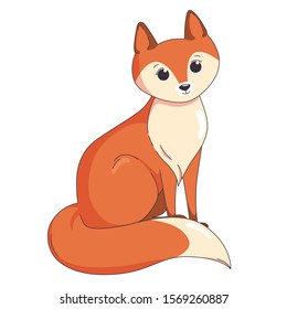 Sitting red fox with bushy tail on white background. Vector illustration in cute cartoon style