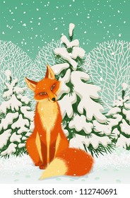 Sitting red fox in the winter forest