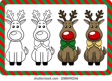 Sitting reindeer with red nose and bow on the neck (2 options) has 2 versions for coloring.
