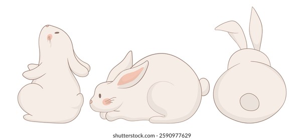 Sitting, resting, and back-view bunny icon. One rabbit sits upright, another lies down in a relaxed position, and the third is viewed from behind. A minimalistic and charming animal illustration