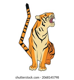 Sitting roaring tiger drawn with broken line. Big wild cat for the New Year 2022. Modern cool stylized illustration in editable eps format.