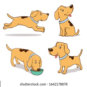 Sitting, running, smiling, standing, eating hand-drawn dog in different poses.