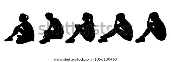 Sitting Sad Girl Silhouette Vector Set Stock Vector Royalty Free 1056130469 