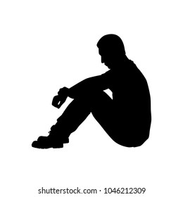 Sitting sad young man silhouette vector