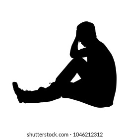 Sitting sad young man silhouette vector