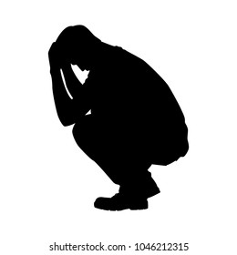 Sitting Sad Young Man Silhouette Vector