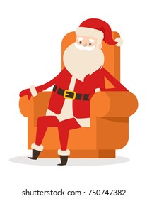 Sitting Santa Claus in orange big armchair on white background. He wears red warm coat, red trousers and hat with gloves, black boots and wide belt. Man has long thick white beard vector illustration