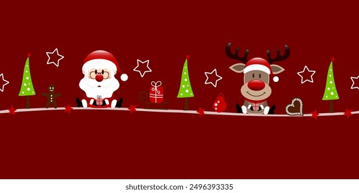 Sitting Santa Claus And Reindeer With Icons Dark Red