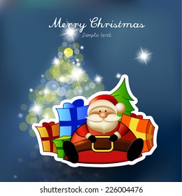 Sitting Santa with presents on blue background.