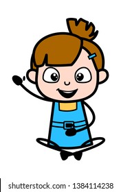 Sitting and Saying Hello by Hand Wave - Cute Girl Cartoon Character Vector Illustration