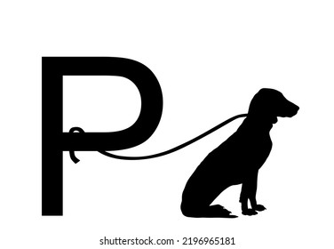 Sitting Schiller hound dog parking vector silhouette illustration isolated on white background. Beware of dog. Urban scene sign. Safety place on street for pet waiting owner after shopping.