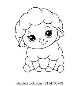 Sitting sheep coloring page. Black and white cartoon illustration