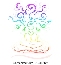 Sitting silhouette of a meditating man with rays on his head. The gradient of the colors of  seven chakras. Isolated template for your design.