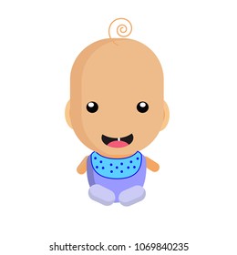 Sitting smiling baby boy. First tooth. Flat design vector illustration.