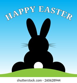 sitting smiling back Easter bunny with suit and text under blue sky