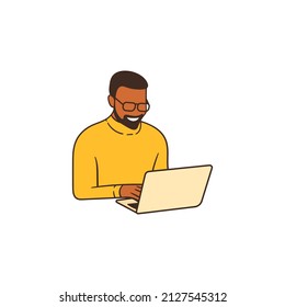 Sitting And Smiling Black Man Typing And Looking At Laptop Vector Character Illustration.