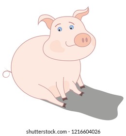 Sitting smiling pig. Chinese New Year 2019. Colored design element for presentations, postcards, flyers, leaflets and posters, vector illustration