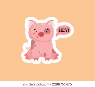 Sitting smiling pig saying hey sticker flat style, vector illustration isolated on peach background. Decorative design element, cute farm pink with spots animal