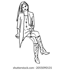 Sitting smiling pretty girl holding glass of wine. Hand drawn linear doodle rough sketch. Black ink silhouette on white background.