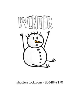Sitting snowman in doodle style. Winter 2022. Hand-drawn object.