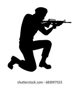 Sitting soldier with rifle silhouette vector isolated on white background.