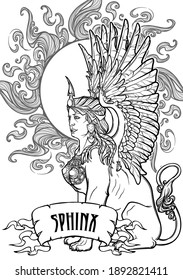 Sitting Sphinx. Ancient Greek mythical creature with beautiful woman torso lion body and eagle wings. decorative background. Black and white coloring book page. EPS10 vector illustration.