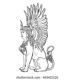Sitting Sphinx. Ancient Greek mythical creature with beautiful woman torso lion body and eagle wings. Heraldic supporter. Sketch isolated on white background. EPS10 vector illustration.