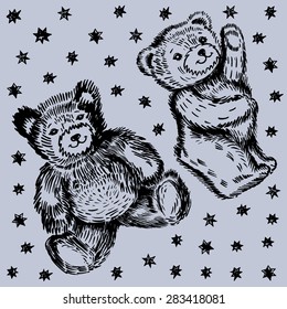 Sitting  & standing couple bears pattern (hand-paint watercolor). Vector illustration isolated on grey background