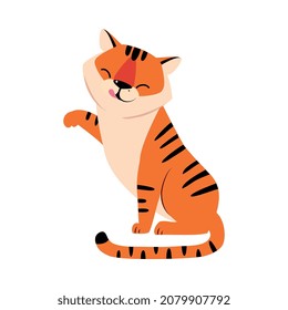 Sitting Striped Tiger with Orange Fur Licking Vector Illustration