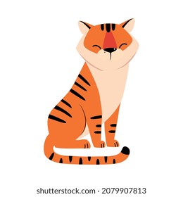 Sitting Striped Tiger with Orange Fur Vector Illustration