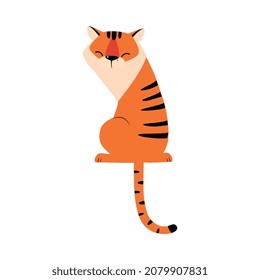 Sitting Striped Tiger with Orange Fur Vector Illustration