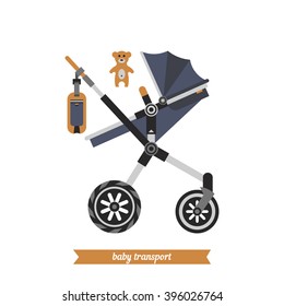 Sitting stroller. Baby carriage. Vector baby transport, baby and childhood. Vector baby stroller and baby walking stuff. Walk with baby. Babysitter. Baby transport. Baby shower.