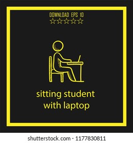 sitting student with laptop sketch vector icon