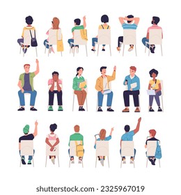 Sitting students back view. People sit on chairs rear and front side, backside man or woman student in seminar behind audience of lecture course workshop classy vector illustration of student sitting