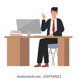 Sitting teacher man at work table. Male professor using computer vector illustration