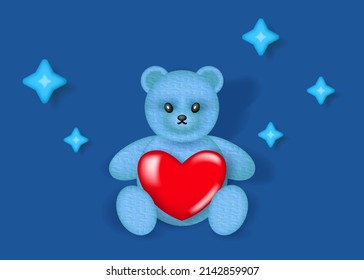 Sitting teddy bear with a heart in its paws. 3D Teddy Bear with red heart and blue stars