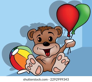 Sitting Teddy Bear with Party Balloons in Paw - Colored Cartoon Illustration with Background, Vector