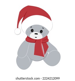 A sitting teddy bear in a Santa Claus hat. Christmas vector clipart.