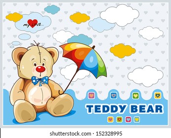 Sitting Teddy Bear toy with blue bow isolated over white background. Clipart vector illustration