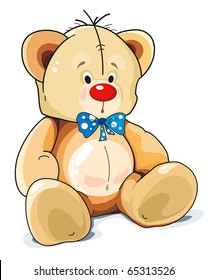 Sitting Teddy Bear toy with blue bow isolated over white background. Clipart vector illustration.