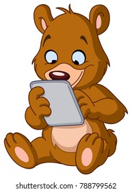 Sitting teddy bear using a tablet pc